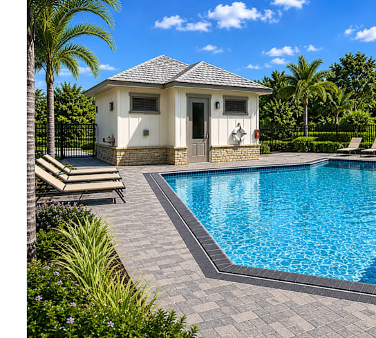 A pool with a small building next to it.