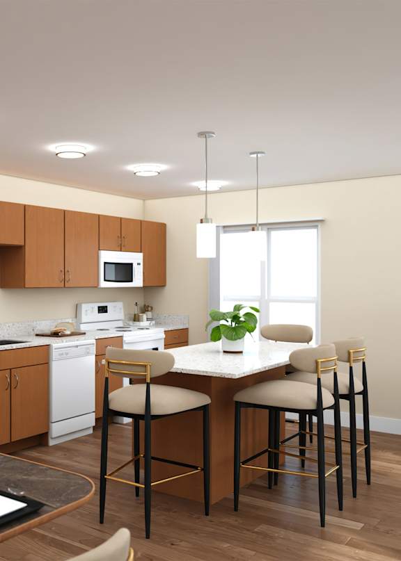 Open kitchen dining area with white island seating at Turquoise Trail Apartments, Santa Fe, 87508