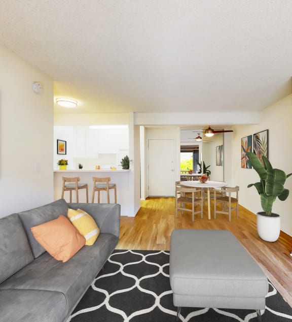 a reflection of a dining room with a kitchen in a window at Village Pointe Apartments, Northridge, CA, 91325