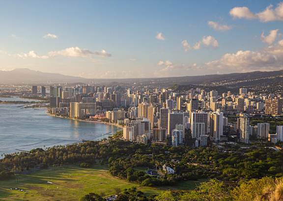 A cityscape with a body of water and greenery in the foreground.
