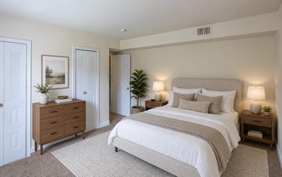 A bedroom with a large bed, a dresser, and a nightstand.