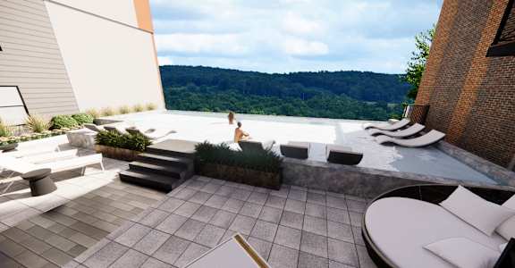 a rendering of a rooftop terrace with a pool and a woman sitting in a