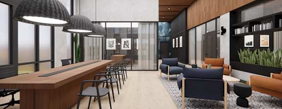 A modern living room with a black and white color scheme.