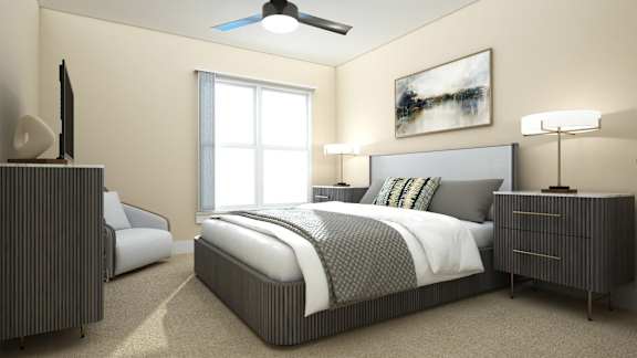 Bedroom with modern gray furniture and large window at Turquoise Trail Apartments, Santa Fe, 87508