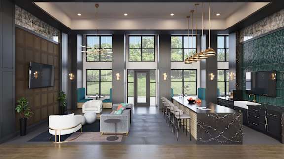 A modern kitchen with a large island and a living area with a sofa and chairs and windows at The Maverick Luxury Apartments, Monument, Colorado
