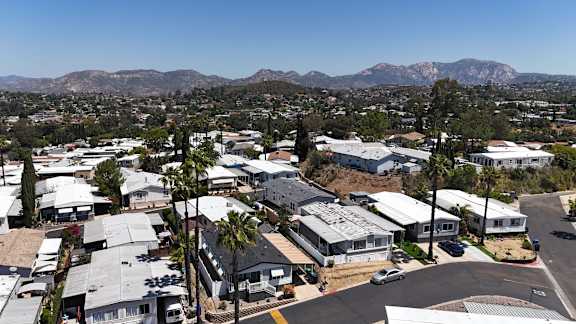 A residential area with houses and palm trees.