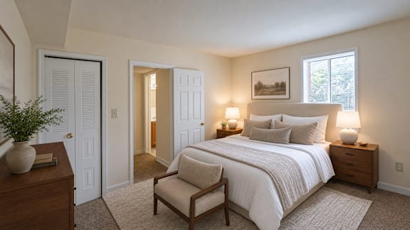 A bedroom with a bed, chair, and lamp.
