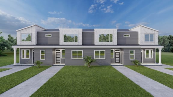 a rendering of a gray house with white windows and a lawn at Thrive at Green Mountain, Camas