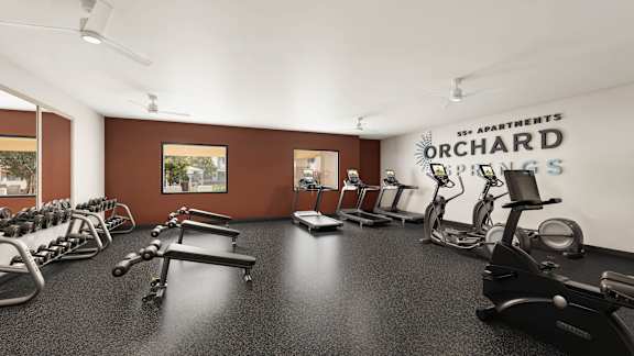 a rendering of a gym with people exercising on treadmills at Orchard Springs 55+ Apartment, Surprise, AZ, 85374