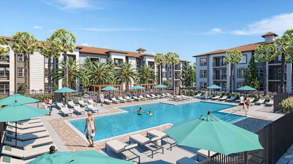 a rendering of a pool and lounge area at the residences at omni louisville apartments at Maison at Solivita Marketplace Apartment Homes, Florida
