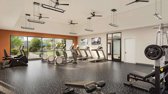 a rendering of a gym with people exercising on treadmills at Arterra Apartment, Surprise, AZ, 85374