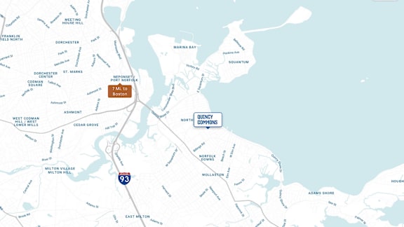 A map with a brown rectangle labeled "LEYN COMMONS" in the center.