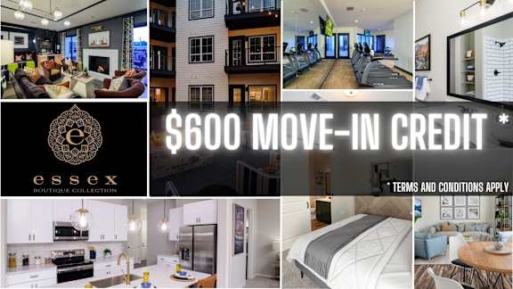 a collage of apartments for sale with the text limited august availability six off at Essex, Columbus, Ohio, 43212