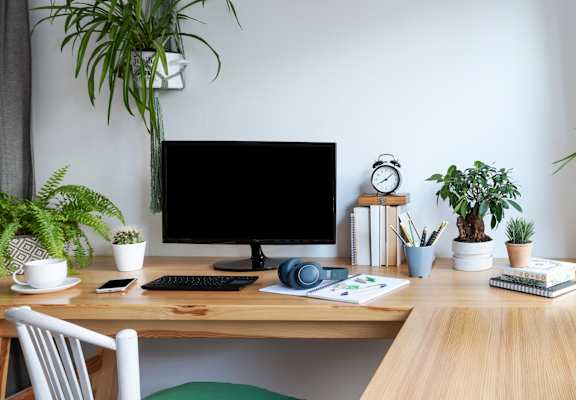 a desk with a computer and plants on it