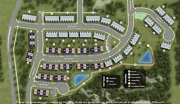 A map shows a layout of a housing development with roads, houses, a lake, and a park.