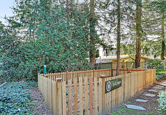 a wooden fence in front of a yard with trees at Townside Flats, Redmond, WA