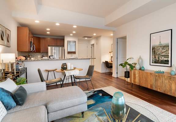 a living room with a couch and a table