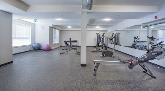 A gym with a variety of exercise equipment.