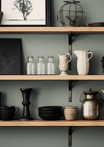 Floating shelves with cups and bowls at Platt Gardens, West Babylon, NY 11704