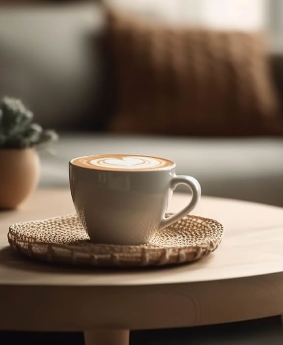a cup of coffee sitting on a table at Walden Pond in East Moriches, NY 11940