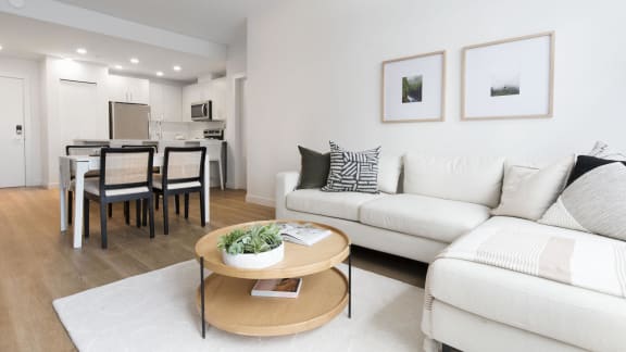 a living room with a couch and a table