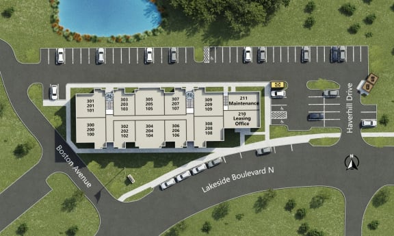 a site plan of a building with a parking lot and a lake