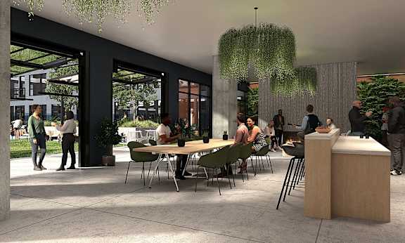 a rendering of a restaurant with people sitting at tables