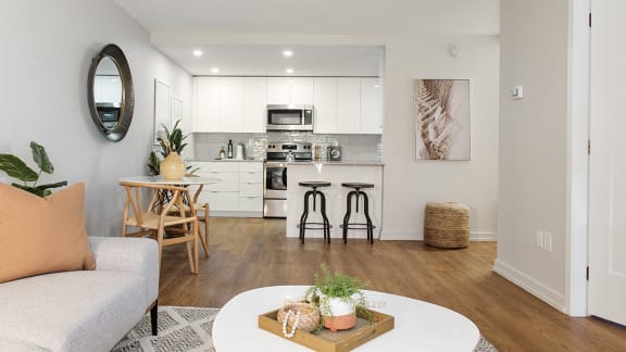 a living room with a couch and a table