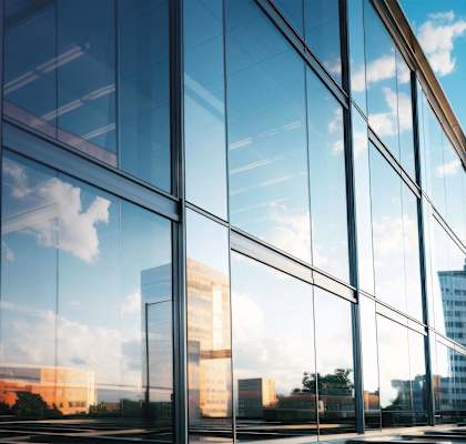 a large glass building with a reflection of a city in it