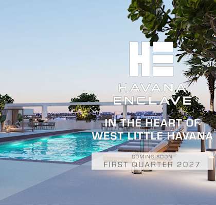 A poolside scene with a sign that reads "Havana Enclave in the heart of West Little Havana, coming soon, first quarter 2027."