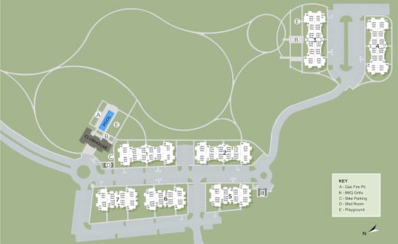 A map shows a layout of a campground with a key explaining symbols for gas pumps, BBQ grills, lake parking, and playgrounds.