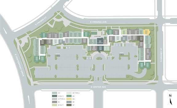 A map of a complex with roads and buildings labeled.