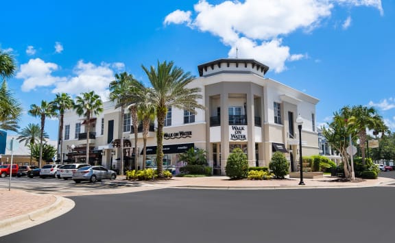 an office building with palm trees and cars parked in front of it