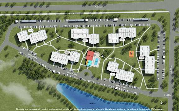 A map of a residential area with a river running through it.