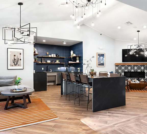 Mesa Verde Lounge Clubhouse with Work Lounge Dining Table Kitchenette and Television