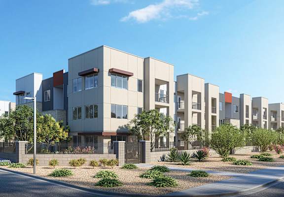 a rendering of an apartment building with a street in front of it at 67 Flats, Arizona