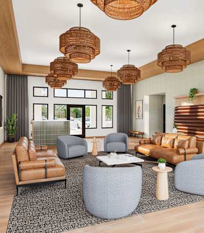A modern living room with a grey sofa set and wooden floors at Sidney Village, Buckeye, Arizona