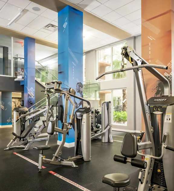 A gym with a variety of exercise equipment including treadmills, stationary bikes, and weight machines.