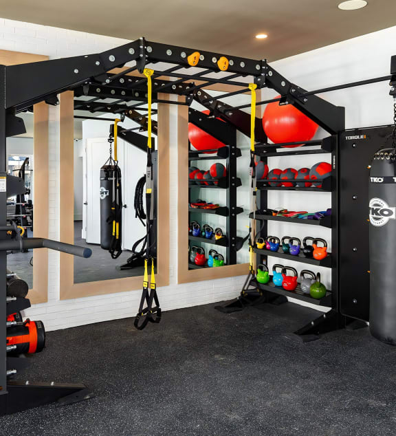 Access to newly upgraded equipment including TRX ropes, kettlebells, and punching bag at Novel Harpeth Heights