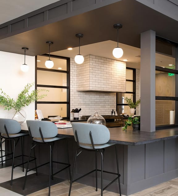 Fun public space with countertop and full kitchen at Novel Cary