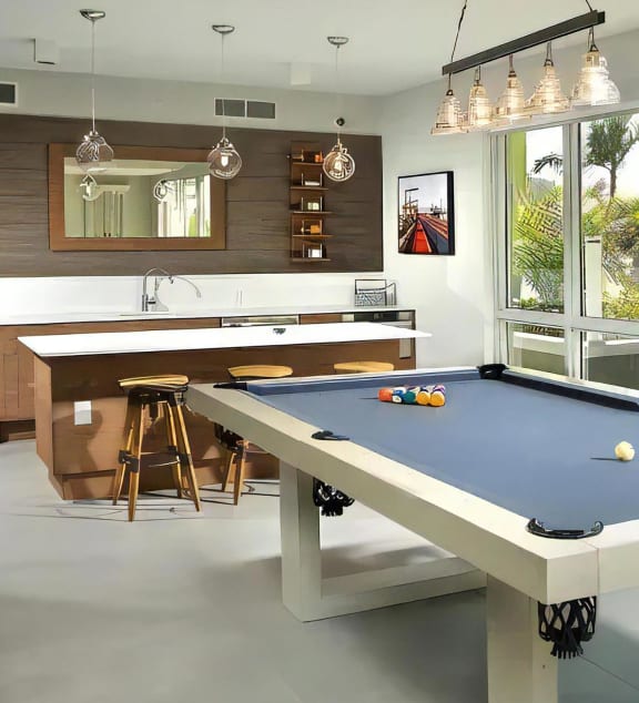 Lounge with Bar Seating and Pool Table