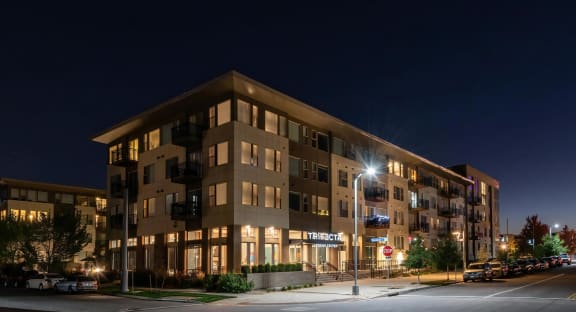 Evening Street View of Building, Trifecta Belmar, Lakewood, CO Luxury Apartments