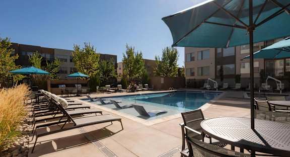A sunny day at the pool with chairs and umbrellas.