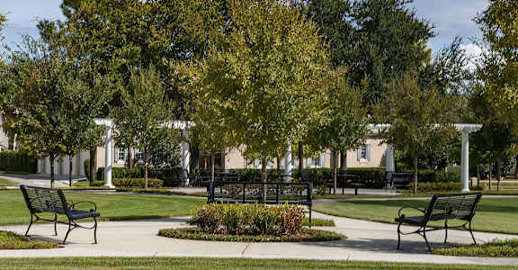 A park with benches and trees in the foreground and a building in the background.