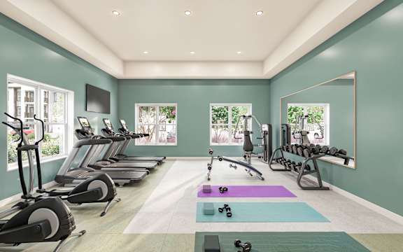 a rendering of a gym with people exercising on treadmills at Maison at Solivita Marketplace Apartment Homes, Florida