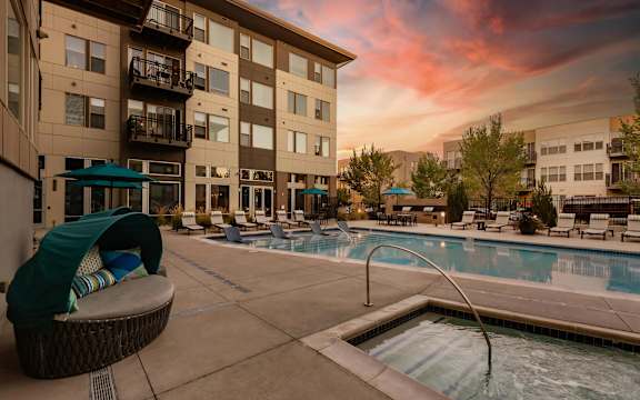 Sunset View of Swimming Pool, Trifecta Belmar,  Lakewood, CO Apartments for rent and Hot Tub