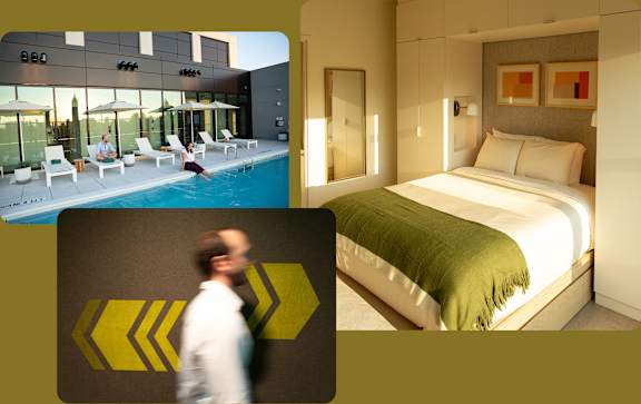 A collage of a pool, a bedroom, and a person walking. at Scout Living, powered by Placemakr Apartments, Atlanta, GA, 30308