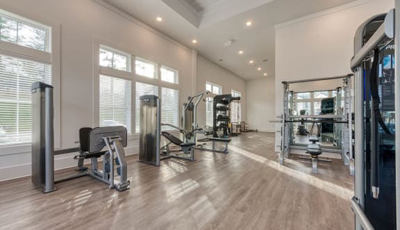 a gym with weights and cardio equipment and windows at Retreat at Arden Farms, Arden