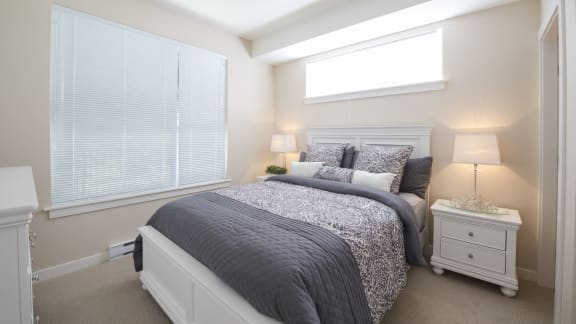 a large bedroom with a bed and two windows