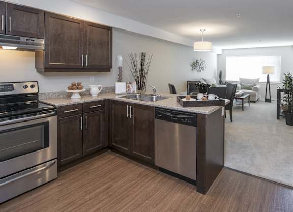 a kitchen and living room with stainless steel appliances and wood flooring